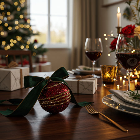 Christmas table setting with red bauble and glass of red wine on wooden tableの素材