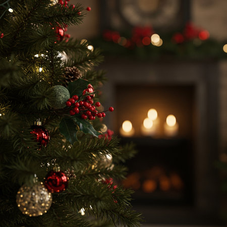 Christmas tree with burning candles and holly berry on the backgroundの素材