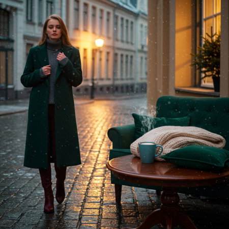 Young woman in a green coat with a cup of coffee in the city at nightの素材