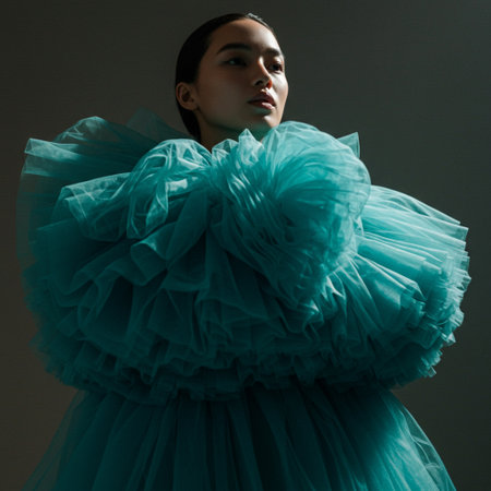 Portrait of a beautiful young woman in a turquoise dressの素材