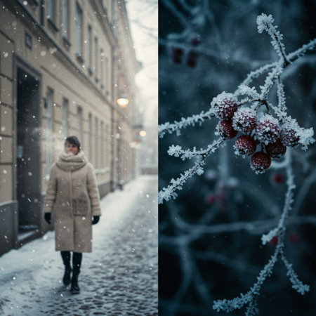 Woman in winter coat on the street with red berries in the snowの素材