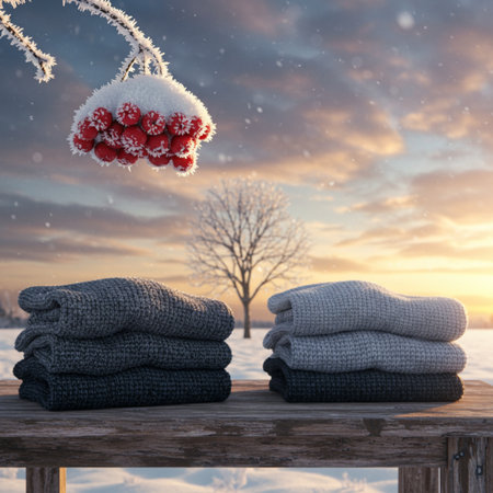 Winter still life with knitted sweaters and rowan berryの素材