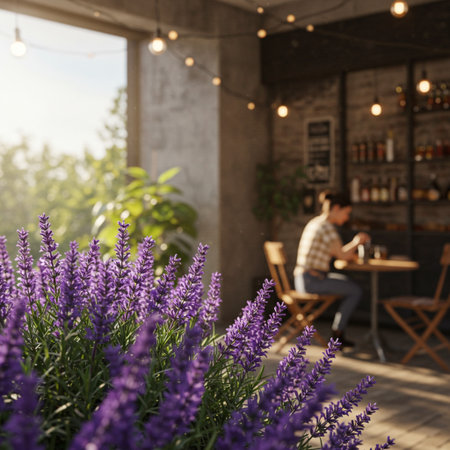 Lavender flowers in a cafe on the background of a man sitting in a chairの素材
