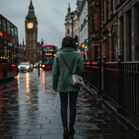 Back view of young woman in green coat walking on Westminster Bridge with Big Ben in the backgroundの素材