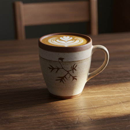 cup of coffee latte art on wooden table in coffee shop.の素材