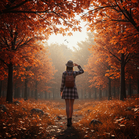 Back view of young woman in checkered dress walking in autumn forestの素材