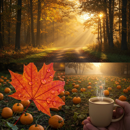 Cup of coffee in autumn forest with maple leaf and pumpkinsの素材