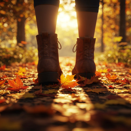 Female legs in boots on the background of autumn forest and leaves.の素材