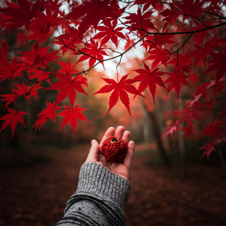 Female hand holding red maple leaf in autumn season. Seasonal backgroundの素材