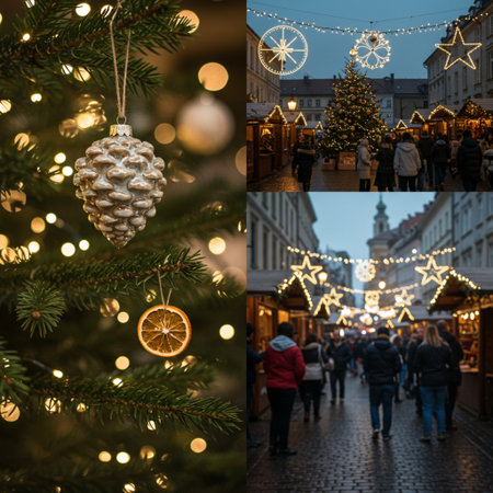 Collage of Christmas market in Riga, Latvia. Festive decorations and lights.の素材