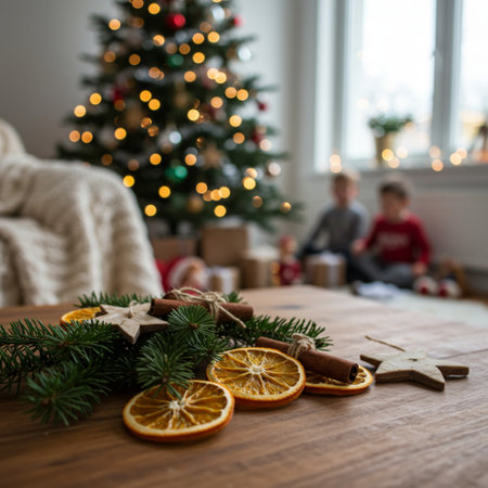 Christmas tree, gifts and toys on the background of the living roomの素材
