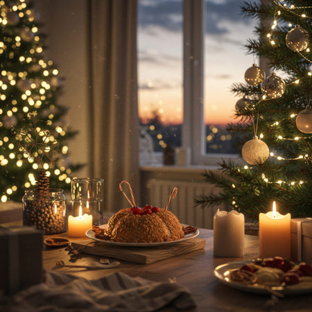 Christmas and New Year holiday dinner. Roasted turkey with berries on a wooden table in front of the window.の素材
