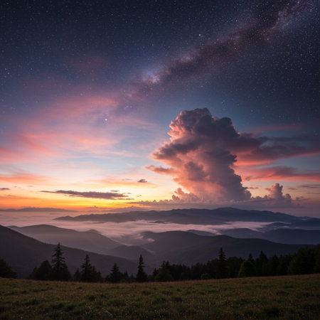 Fantastic starry night in the mountains. Dramatic scene. Carpathians, Ukraine, Europeの素材