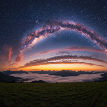 Milky Way over the meadow in the mountains at sunrise.の素材