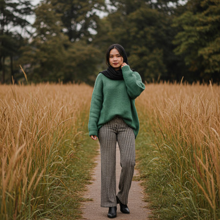 African american woman in green sweater and leggings at field.の素材