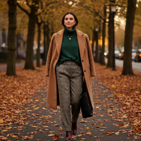 Portrait of a young beautiful brunette woman in a beige coat and brown trousers walking on the street in autumnの素材