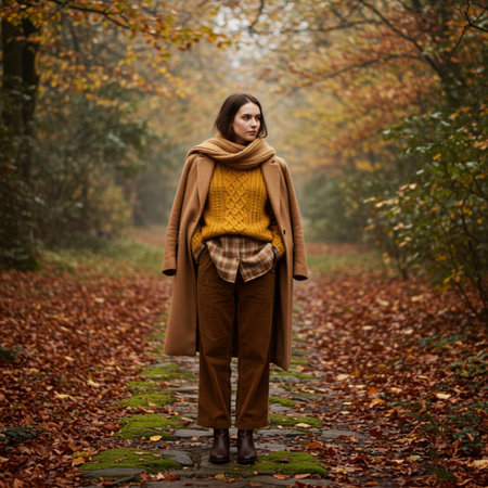 Young beautiful woman in a brown coat walking in the autumn forest.の素材