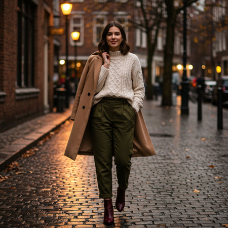 Young beautiful woman in a beige coat walking in the city.の素材
