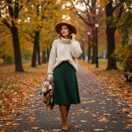 Full length portrait of a beautiful young woman in hat and sweater walking in autumn parkの素材