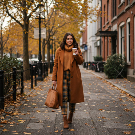 Beautiful young brunette woman in a brown coat with a coffee cup in an autumn streetの素材