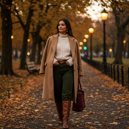 Full length portrait of a beautiful brunette woman in beige coat walking in the autumn parkの素材