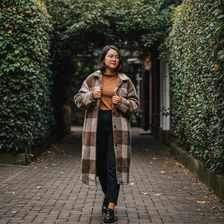 Beautiful young asian woman in coat walking in the street.の素材