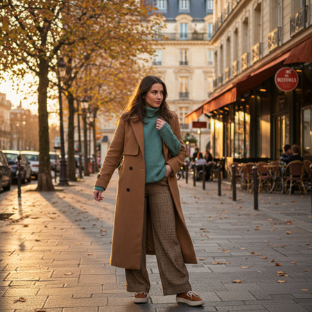 Beautiful young brunette woman in coat walking in Paris, Franceの素材
