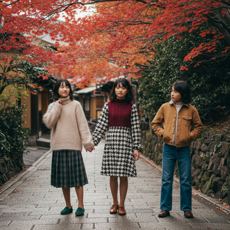 Asian mother and daughter walking on the street in autumn season in Kyoto, Japan.の素材