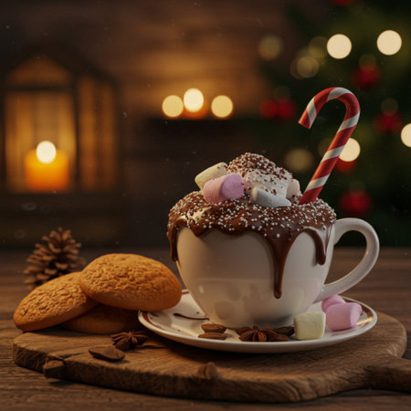 Hot chocolate with marshmallows and cookies on a wooden background.の素材
