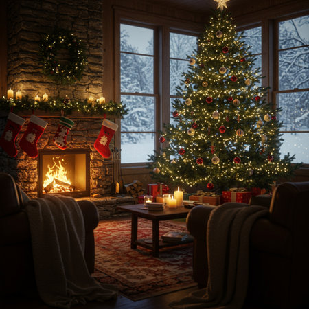 Christmas living room interior with fireplace and Christmas tree. 3d renderingの素材