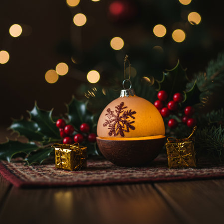 Christmas decoration on wooden table with bokeh background. Holiday concept.の素材