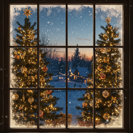 Christmas tree in front of the window. Beautiful winter landscape with snowflakesの素材