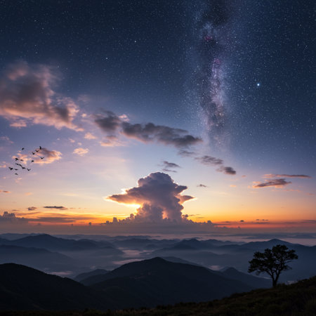 Milky Way over the mountains at sunrise. Beautiful natural landscape.の素材
