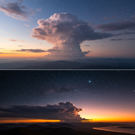Collage of beautiful nature landscape with stormy sky and big cloudの素材