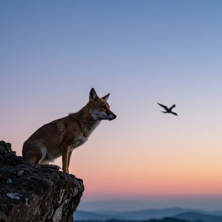 Red Fox (Canis lupus) sitting on top of a cliff at sunsetの素材