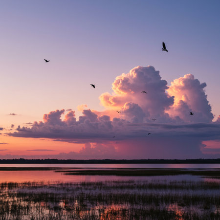 Beautiful sunset on the lake with clouds and birds in the skyの素材