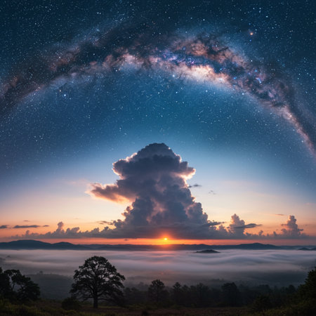 Milky Way over the misty valley at Phu Kradueng National Park, Loei, Thailandの素材
