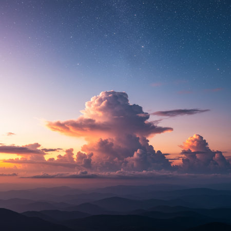 Beautiful sunset over the mountains. Colorful sky with stars.の素材