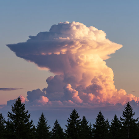 Cloudscape with dramatic light - orange and purple clouds over the forest at sunsetの素材