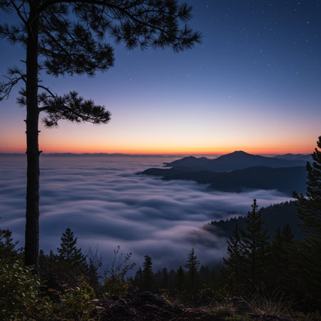 Landscape of the mountains and the sea of fog at dawn.の素材