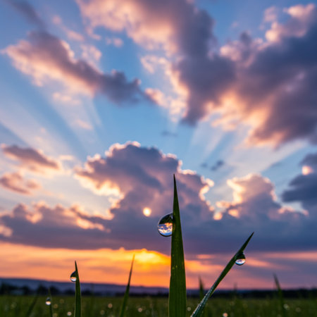 dew drops on the grass at sunset. Beautiful nature background.の素材