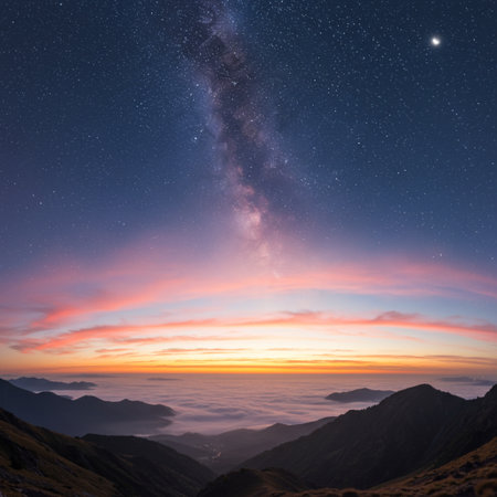 Milky Way over the mountains and clouds in the sky at sunriseの素材