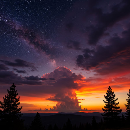 Milky Way over the mountains at sunset. Dramatic sky.の素材