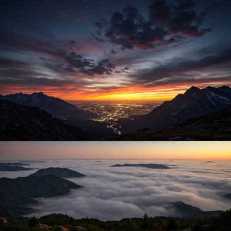 Foggy sunrise over the mountain lake. Switzerland, Europe.の素材