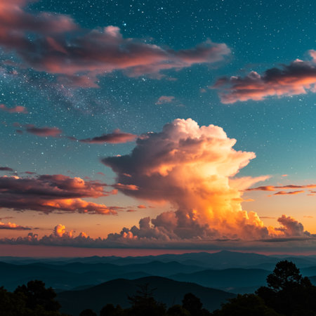 Beautiful sunset over the mountains. Colorful sky with stars.の素材