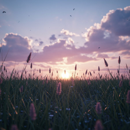 Sunset over a grassland with flowers and birds in the backgroundの素材