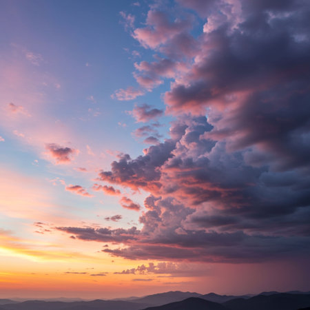 Sunset over the mountains. Beautiful sky with clouds at sunset.の素材