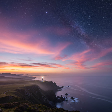Beautiful night landscape with starry sky and Milky way over the seaの素材