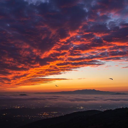 Sunset in the mountains with clouds and flying birds in the skyの素材