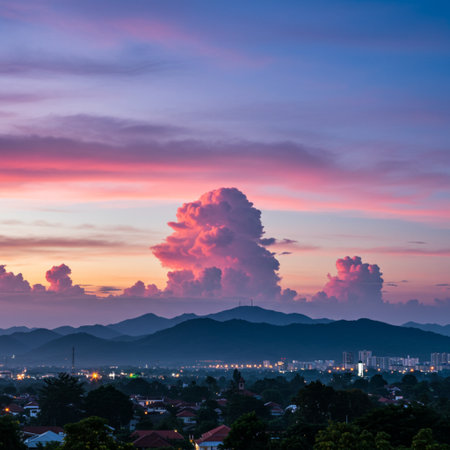 Sunset sky with cloud and city in the background, Thailand.の素材